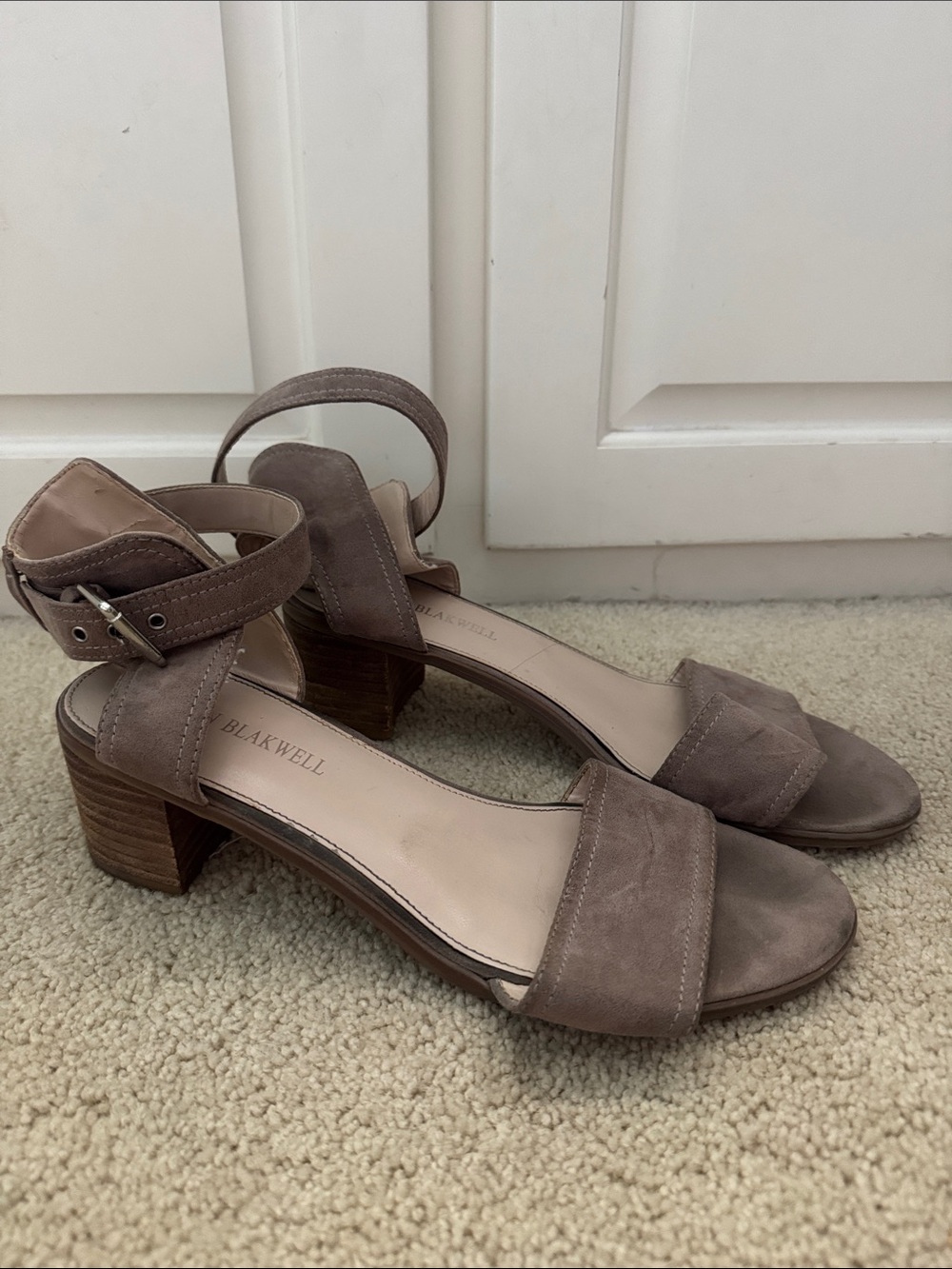 Blakwell Taupe Suede Block Heel Sandals with Ankle Strap
